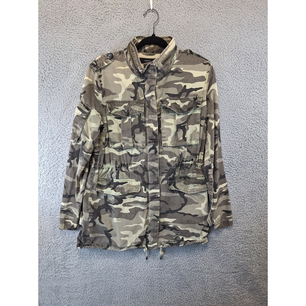 Forever 21 Anorak Safari Jacket Womens M Beige Gray Camo Button Up Utility
